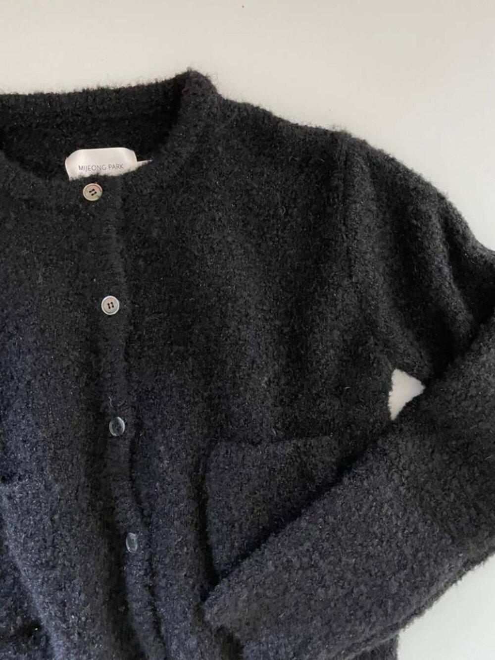 Mijeong Park boxy cropped crew neck boucle cardigan in black